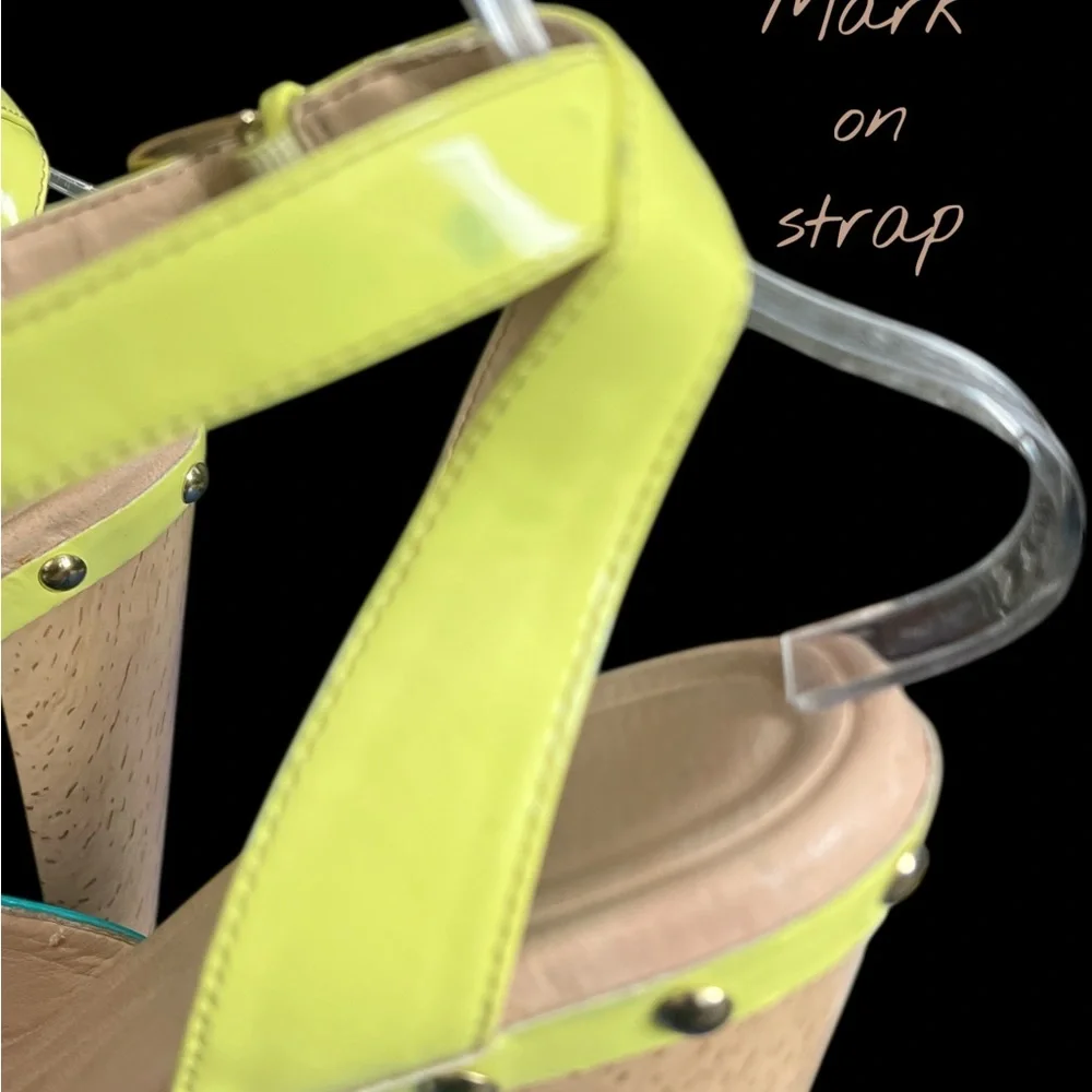 ISOLA Madalen Platform Sandal Heel Sz 9.5 Wood Grain Yellow Aqua Gold Ankle Open